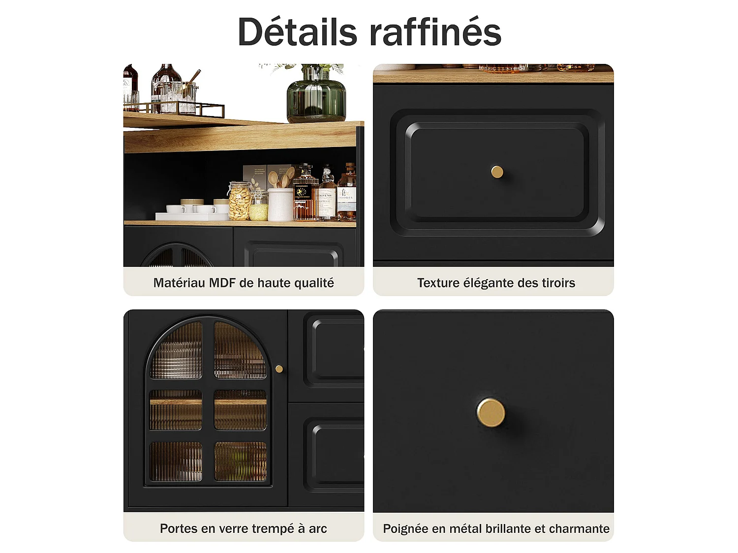 Ilot central de cuisine Rotation à 360°, 2 tiroirs, en MDF,Noir et Naturel