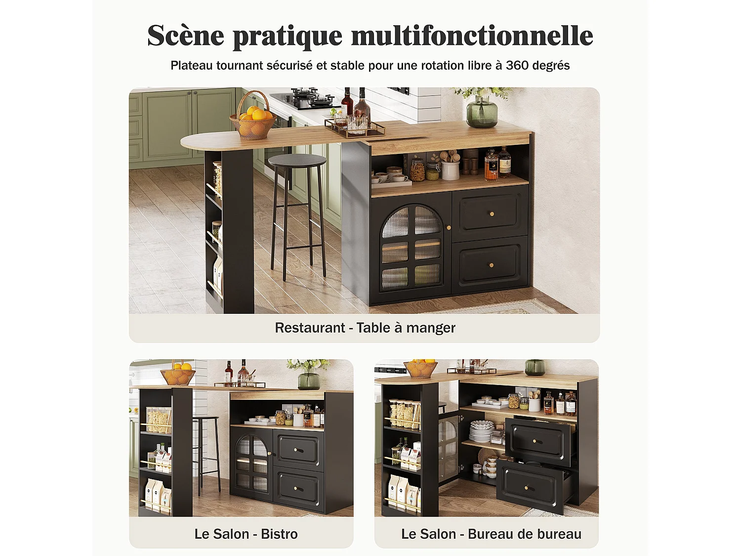 Ilot central de cuisine Rotation à 360°, 2 tiroirs, en MDF,Noir et Naturel