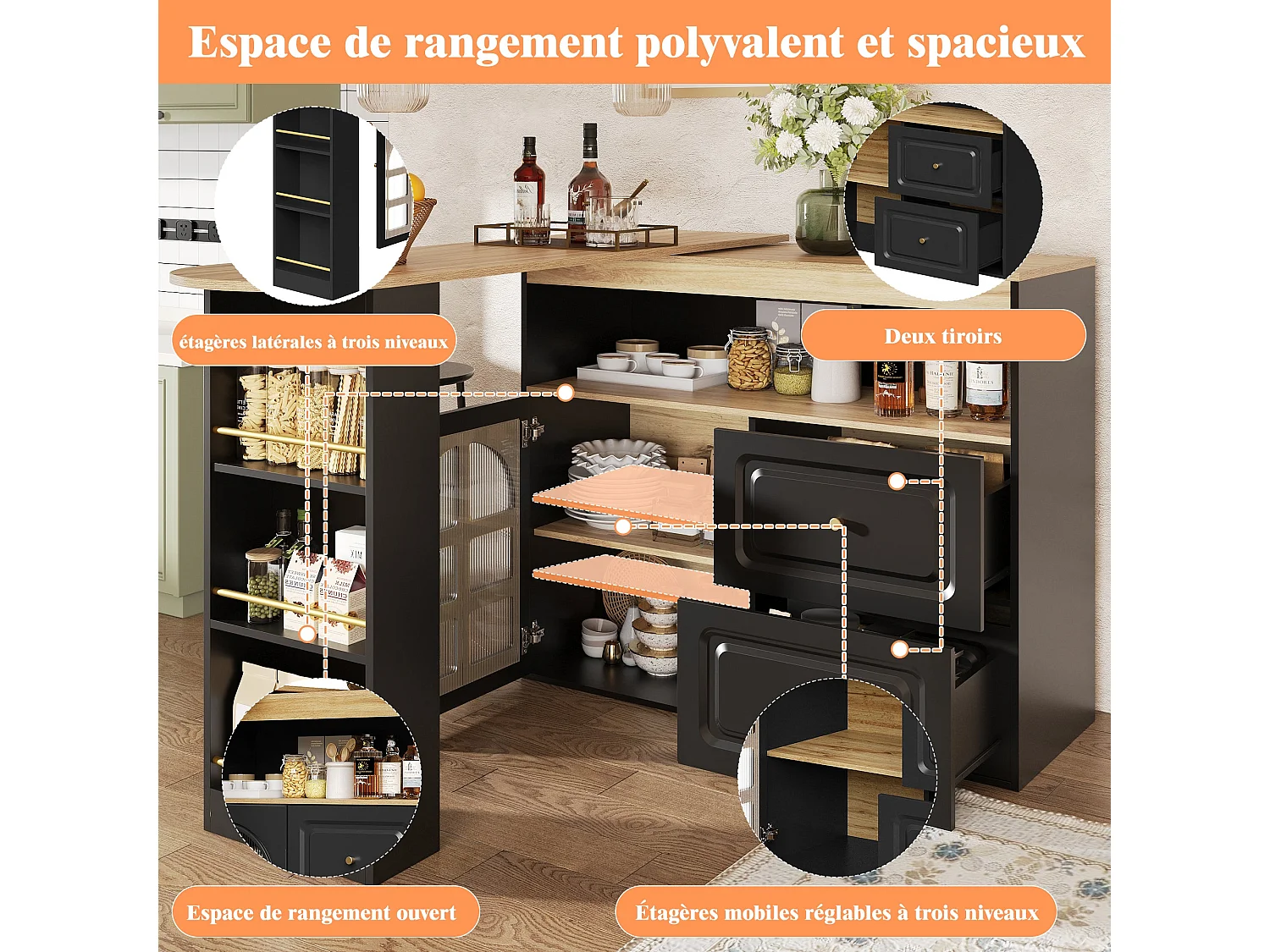 Ilot central de cuisine Rotation à 360°, 2 tiroirs, en MDF,Noir et Naturel