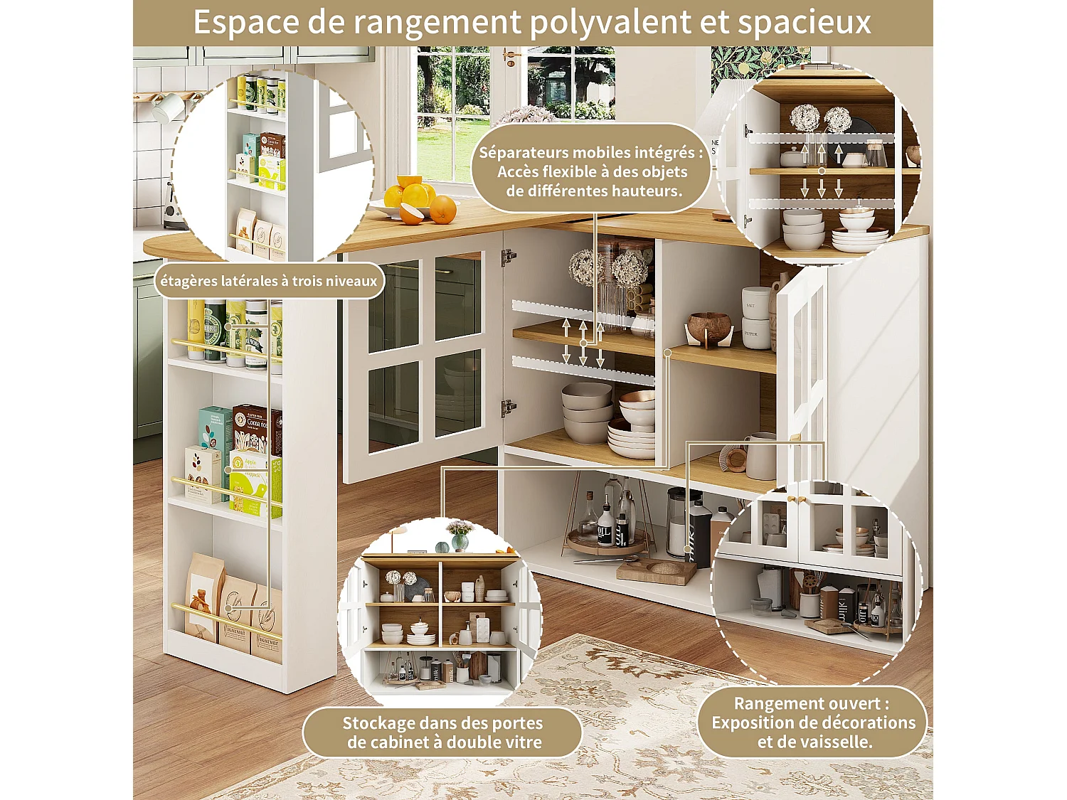Ilot central de cuisine Rotation à 360°, 2 portes,en MDF, Blanc et Naturel