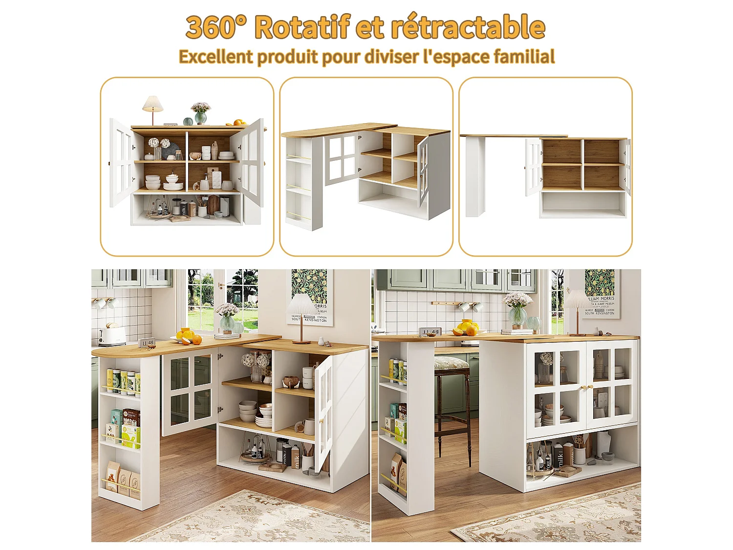 Ilot central de cuisine Rotation à 360°, 2 portes,en MDF, Blanc et Naturel