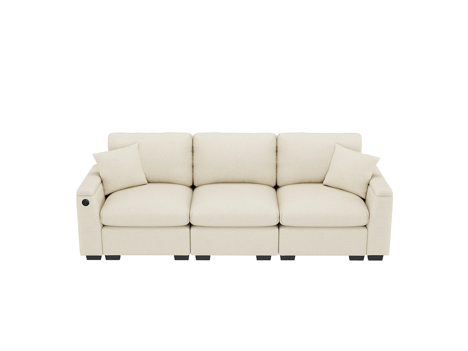 Canapé 3 places moderne en velours de chenille, avec coussins, table pliante, ports USB, porte-gobelets et rangement intégré,Beige