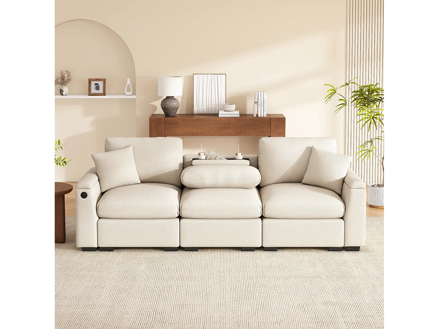 Canapé 3 places moderne en velours de chenille, avec coussins, table pliante, ports USB, porte-gobelets et rangement intégré,Beige