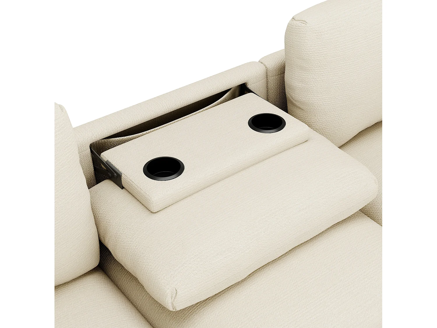 Canapé 3 places moderne en velours de chenille, avec coussins, table pliante, ports USB, porte-gobelets et rangement intégré,Beige