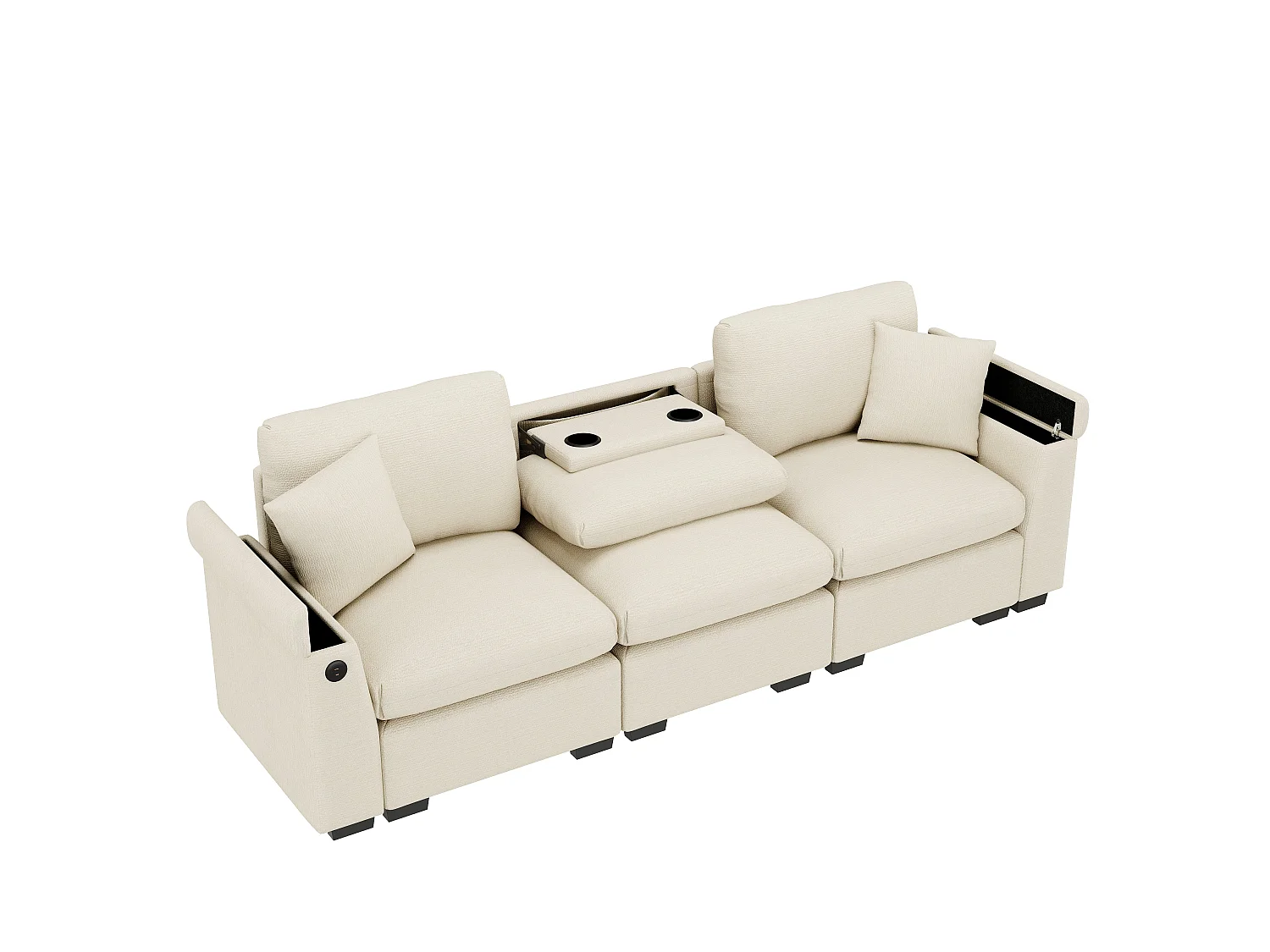 Canapé 3 places moderne en velours de chenille, avec coussins, table pliante, ports USB, porte-gobelets et rangement intégré,Beige