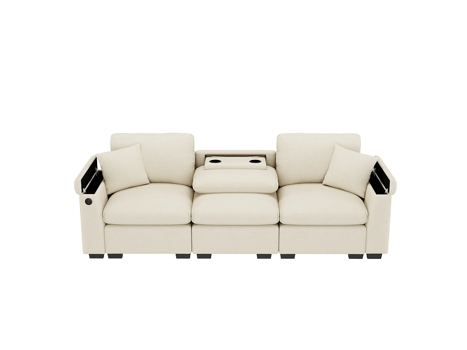 Canapé 3 places moderne en velours de chenille, avec coussins, table pliante, ports USB, porte-gobelets et rangement intégré,Beige