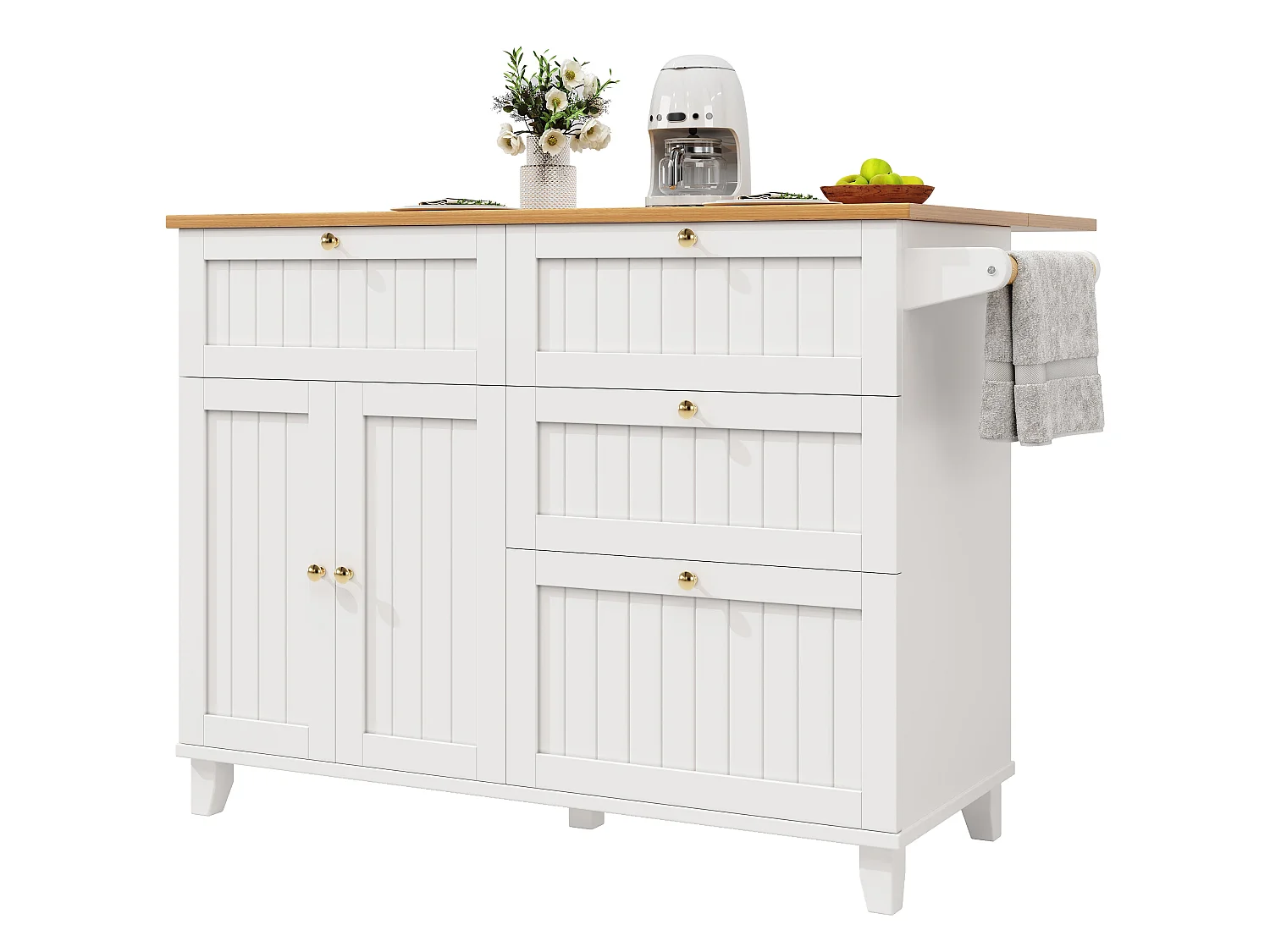 Ilot central de cuisine mobile, Finition placage bois,en MDF, avec caisson extensible, 2 portes, 4 tiroirs,Blanc et Naturel