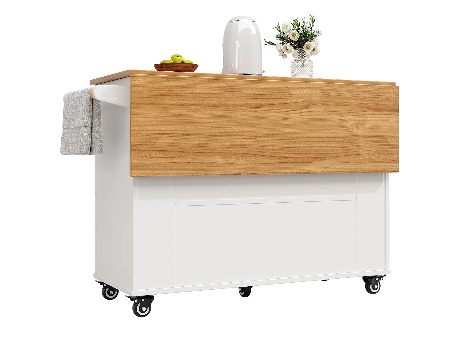 Ilot central de cuisine mobile, Finition placage bois,en MDF, avec caisson extensible, 2 portes, 4 tiroirs,Blanc et Naturel