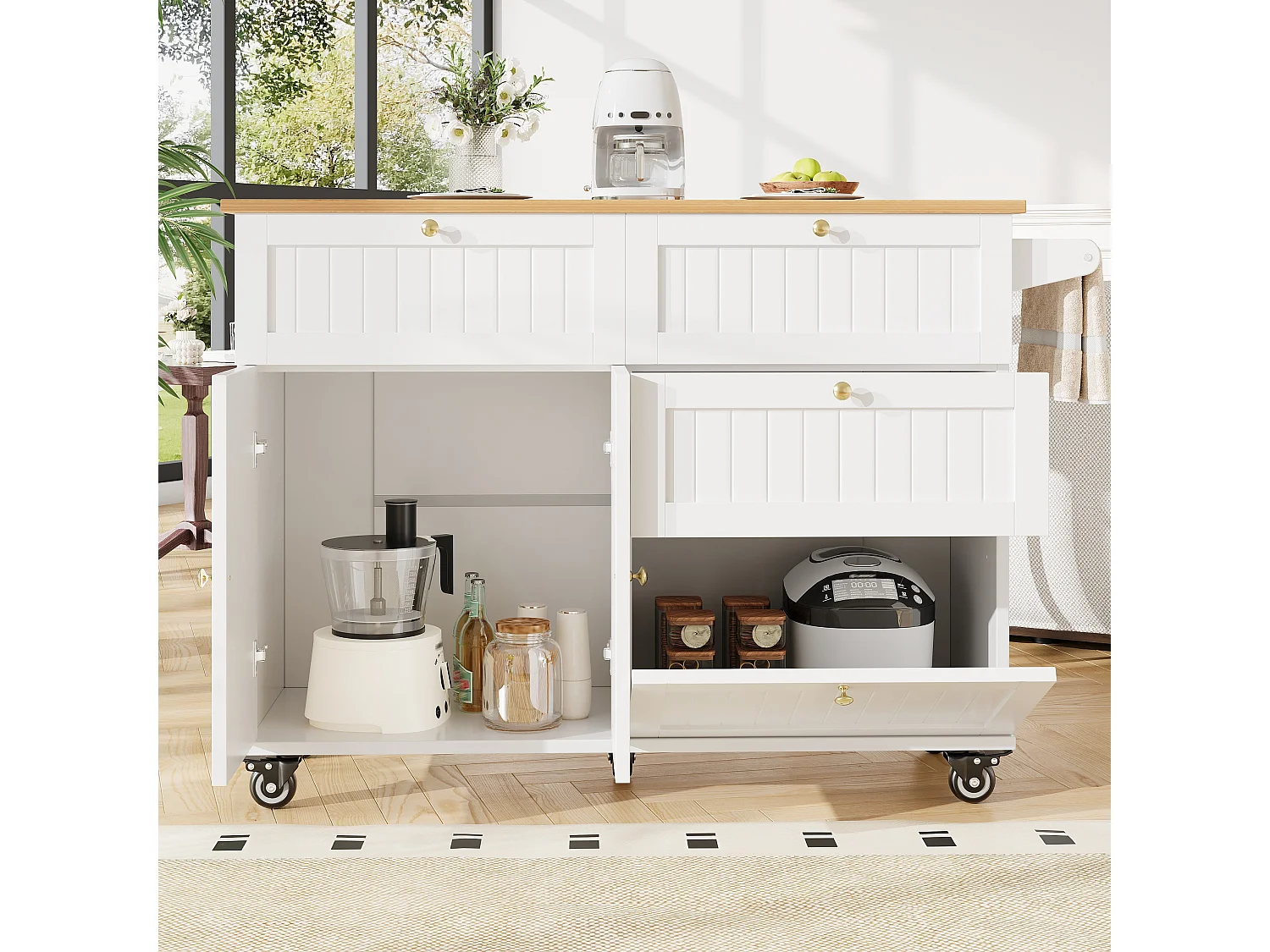 Ilot central de cuisine mobile, Finition placage bois,en MDF, avec caisson extensible, 2 portes, 4 tiroirs,Blanc et Naturel