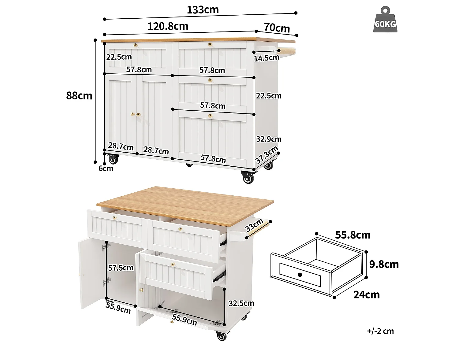 Ilot central de cuisine mobile, Finition placage bois,en MDF, avec caisson extensible, 2 portes, 4 tiroirs,Blanc et Naturel