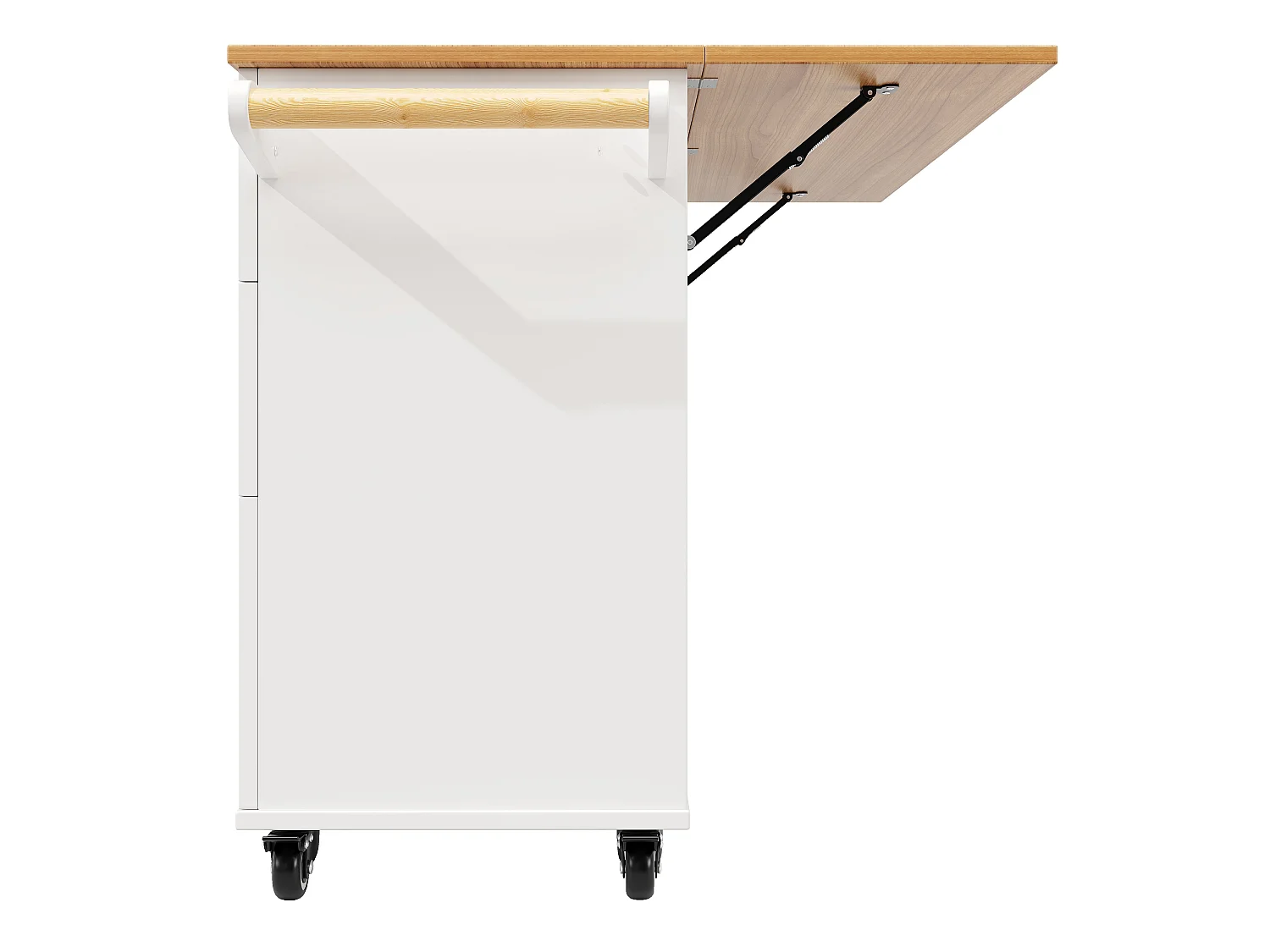 Ilot central de cuisine mobile, Finition placage bois,en MDF, avec caisson extensible, 2 portes, 4 tiroirs,Blanc et Naturel
