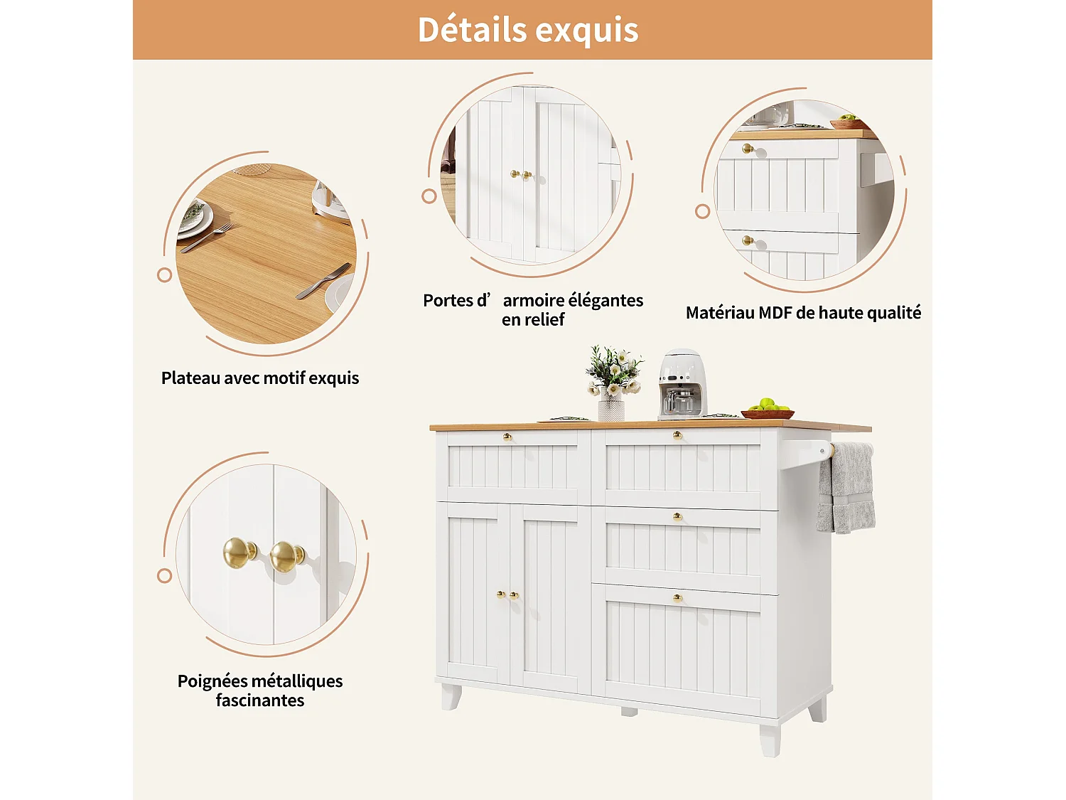 Ilot central de cuisine mobile, Finition placage bois,en MDF, avec caisson extensible, 2 portes, 4 tiroirs,Blanc et Naturel
