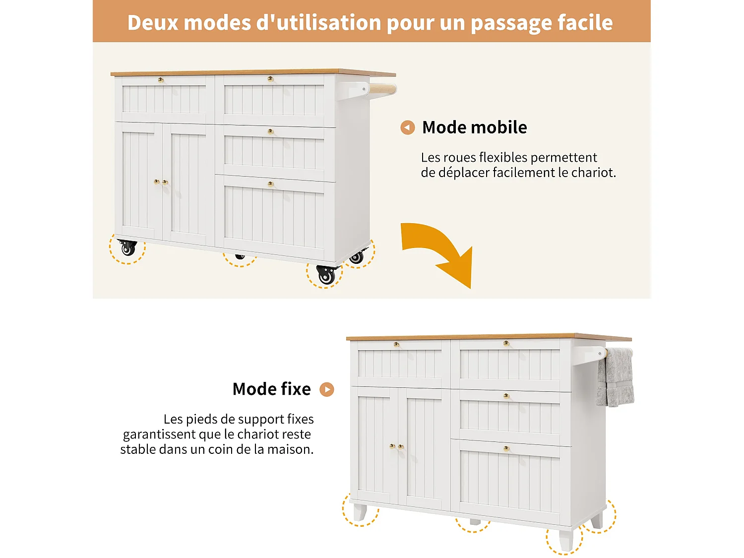 Ilot central de cuisine mobile, Finition placage bois,en MDF, avec caisson extensible, 2 portes, 4 tiroirs,Blanc et Naturel