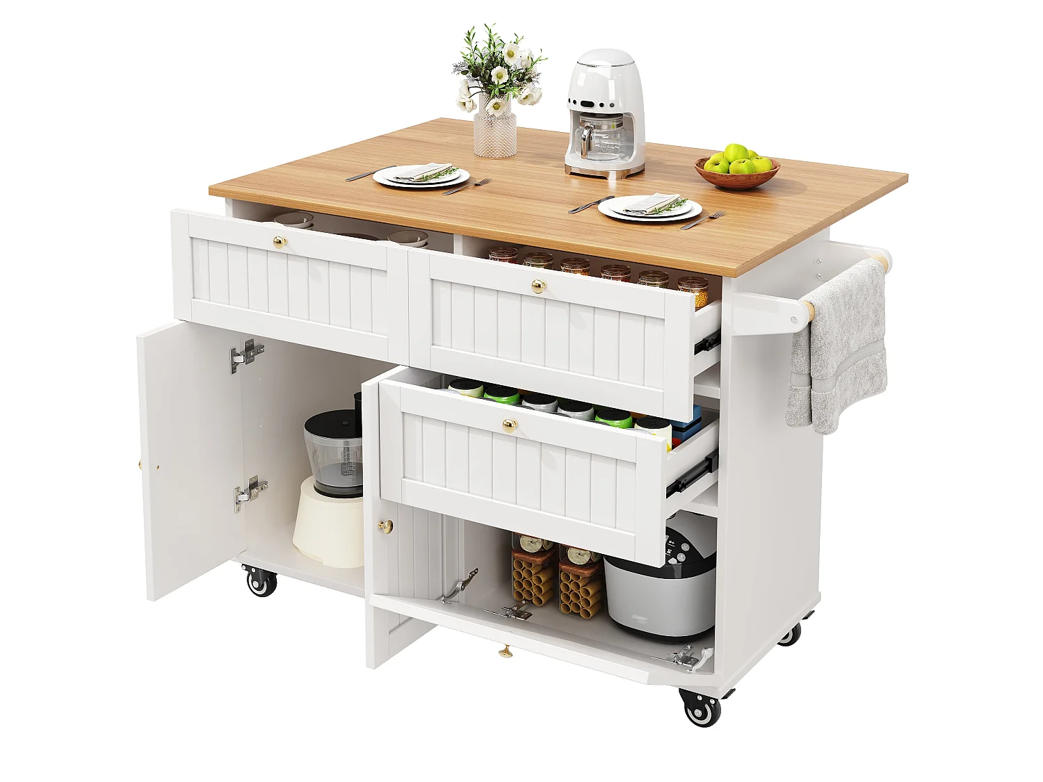 Ilot central de cuisine mobile, Finition placage bois,en MDF, avec caisson extensible, 2 portes, 4 tiroirs,Blanc et Naturel