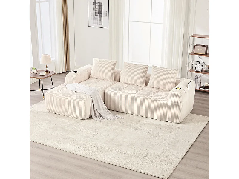 Divano 3 posti modulare in velluto a coste, angolo chaise sinistra, con portabicchieri, Beige