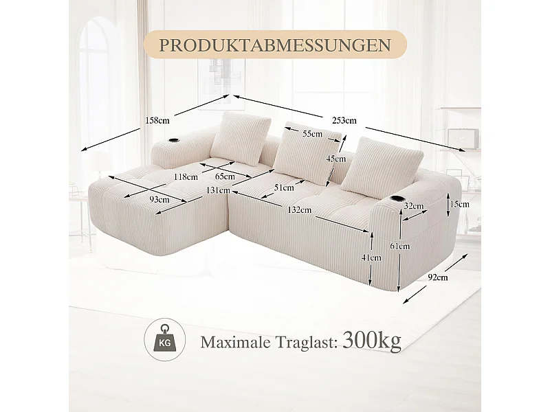 Divano 3 posti modulare in velluto a coste, angolo chaise sinistra, con portabicchieri, Beige