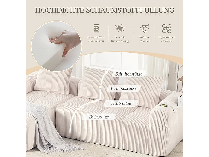 Divano 3 posti modulare in velluto a coste, angolo chaise sinistra, con portabicchieri, Beige