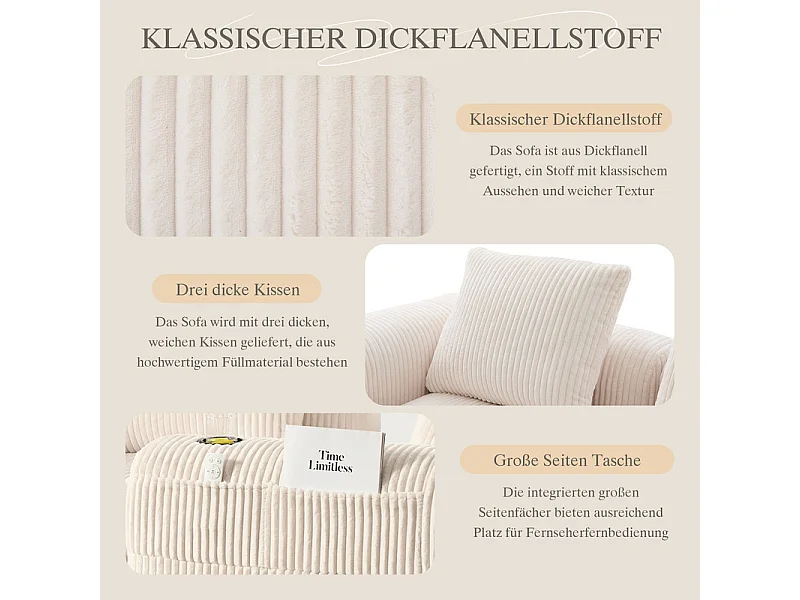 Divano 3 posti modulare in velluto a coste, angolo chaise sinistra, con portabicchieri, Beige