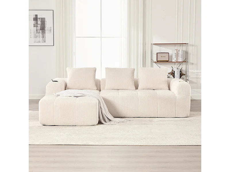 Divano 3 posti modulare in velluto a coste, angolo chaise sinistra, con portabicchieri, Beige
