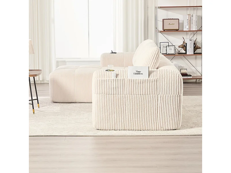 Divano 3 posti modulare in velluto a coste, angolo chaise sinistra, con portabicchieri, Beige