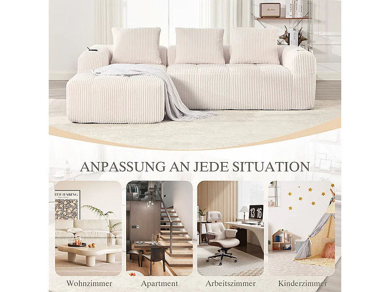 Divano 3 posti modulare in velluto a coste, angolo chaise sinistra, con portabicchieri, Beige