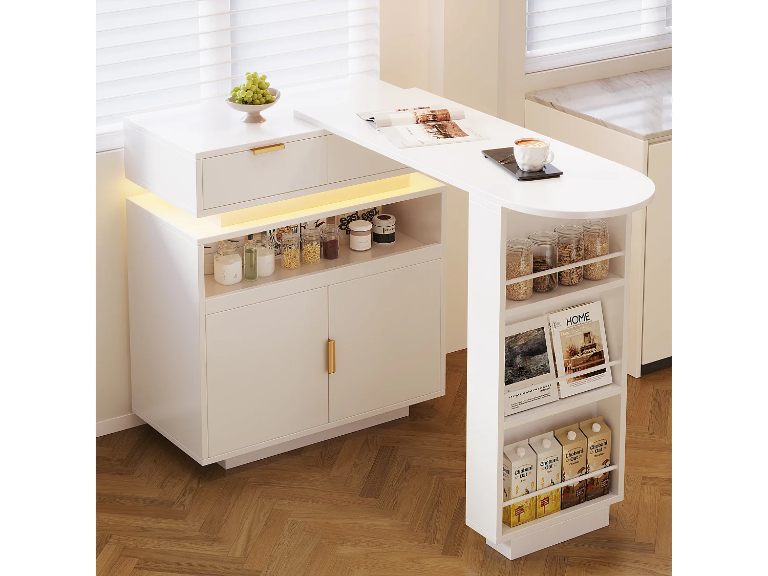 Ilot Central de cuisine mobile extensible, 2 portes, 2 tiroirséclairage, LED, rotation à 360°, en MDF - Blanc