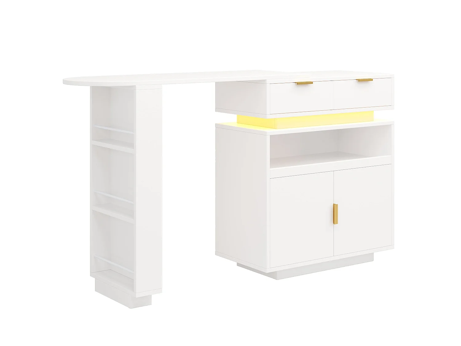 Ilot Central de cuisine mobile extensible, 2 portes, 2 tiroirséclairage, LED, rotation à 360°, en MDF - Blanc