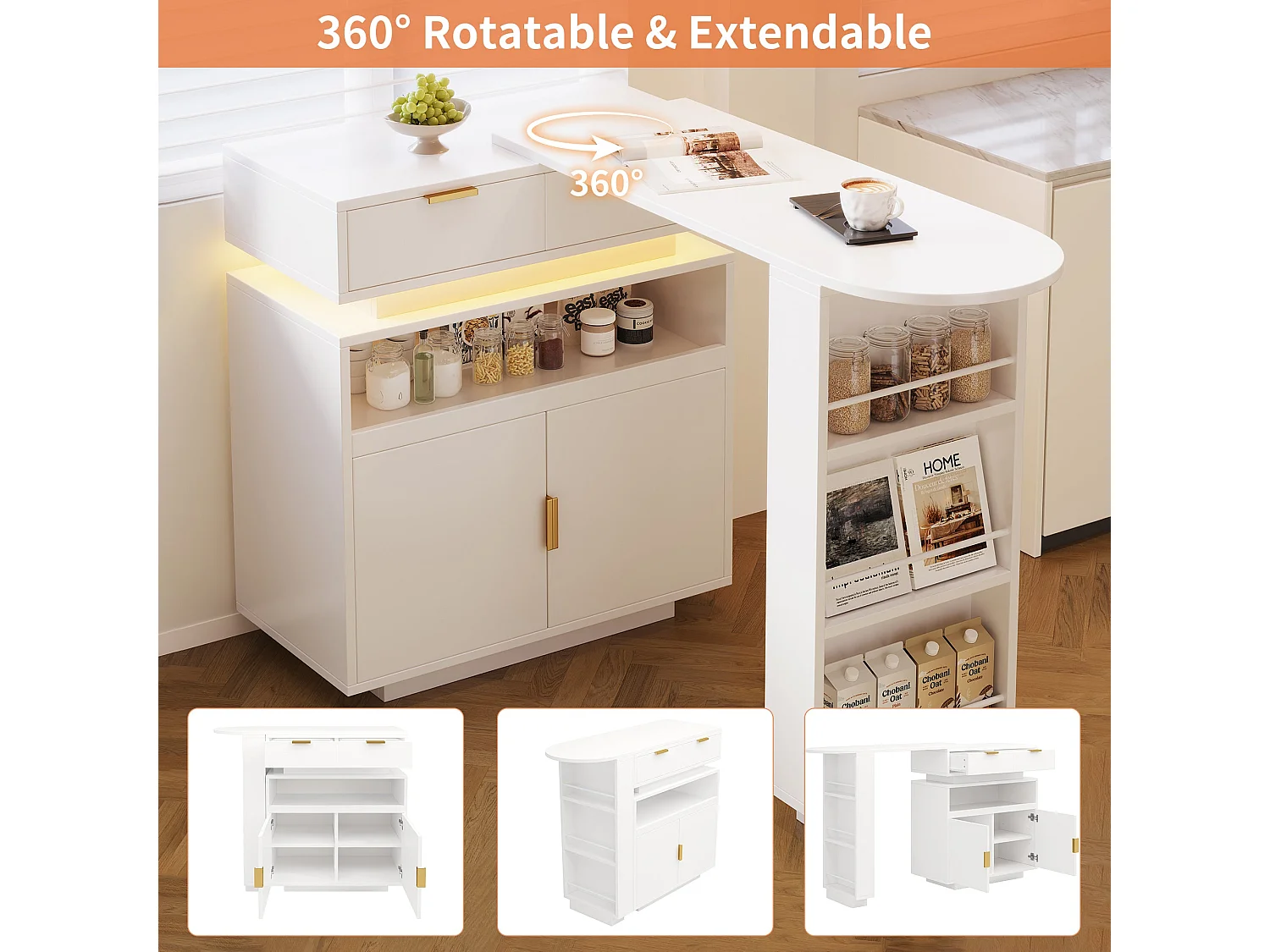 Ilot Central de cuisine mobile extensible, 2 portes, 2 tiroirséclairage, LED, rotation à 360°, en MDF - Blanc