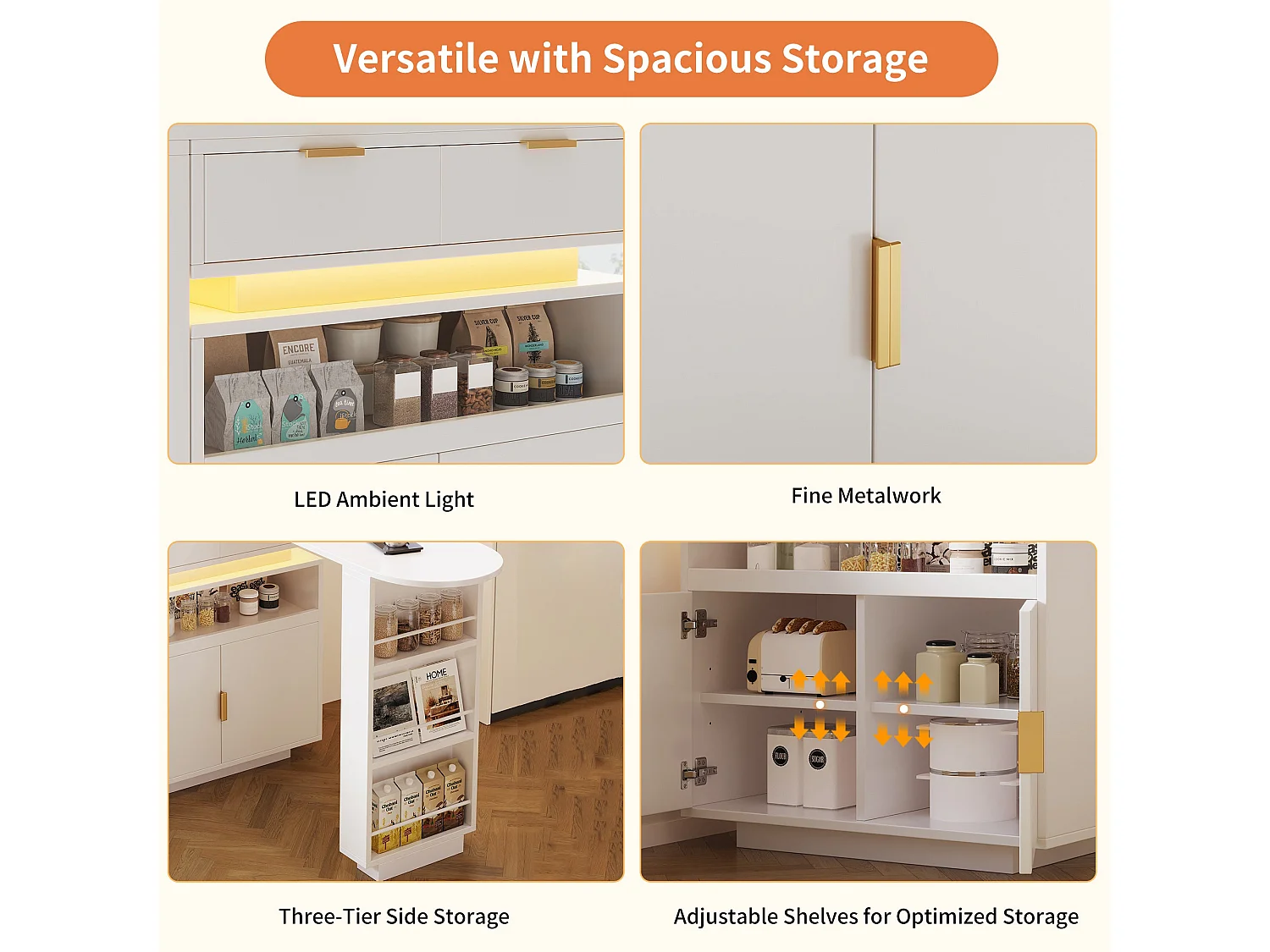 Ilot Central de cuisine mobile extensible, 2 portes, 2 tiroirséclairage, LED, rotation à 360°, en MDF - Blanc