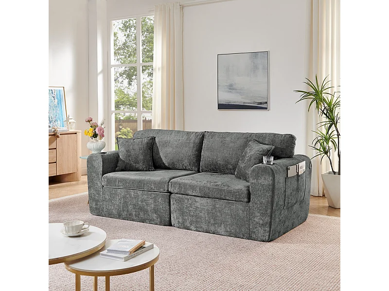 Divano 2 posti modulare in tessuto ciniglia, con portabicchieri e USB, 220x100x89cm, Grigio
