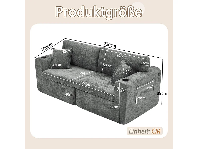 Divano 2 posti modulare in tessuto ciniglia, con portabicchieri e USB, 220x100x89cm, Grigio