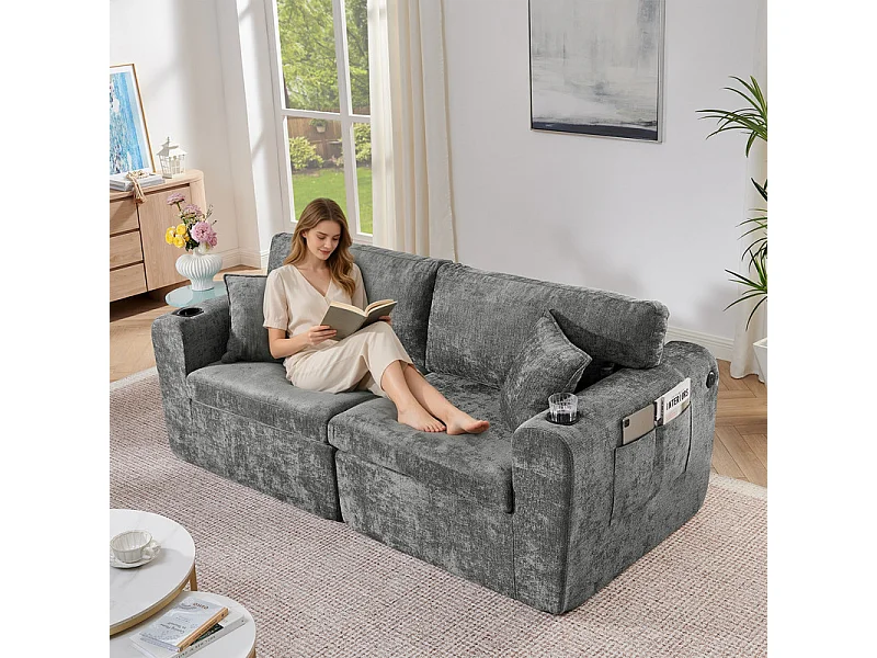Divano 2 posti modulare in tessuto ciniglia, con portabicchieri e USB, 220x100x89cm, Grigio