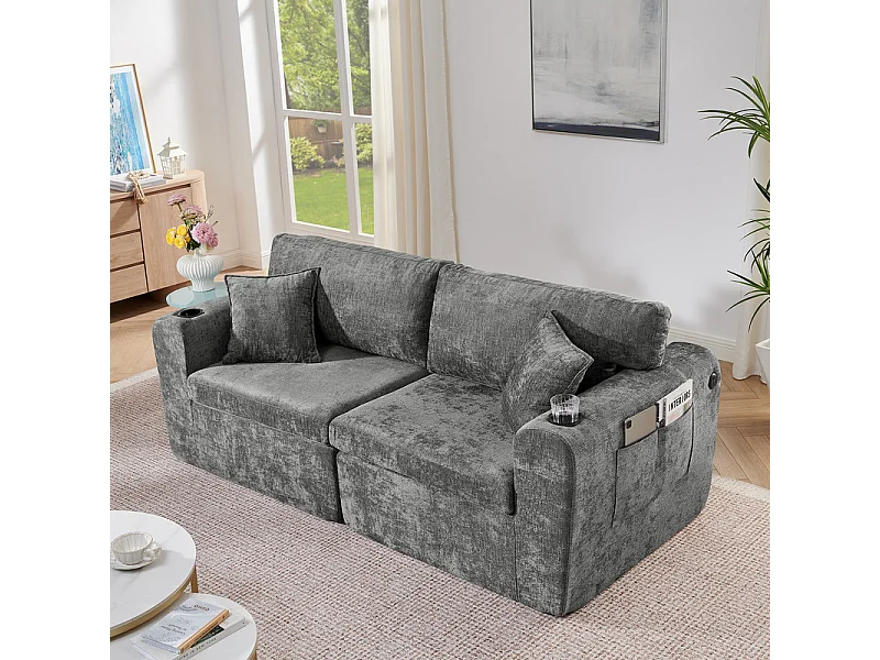 Divano 2 posti modulare in tessuto ciniglia, con portabicchieri e USB, 220x100x89cm, Grigio
