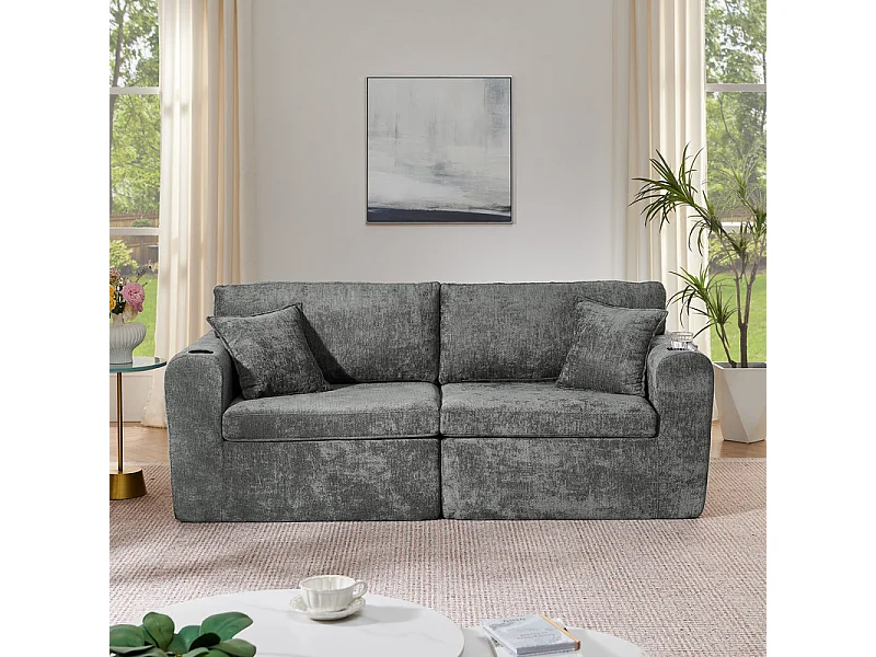 Divano 2 posti modulare in tessuto ciniglia, con portabicchieri e USB, 220x100x89cm, Grigio