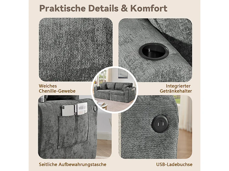 Divano 2 posti modulare in tessuto ciniglia, con portabicchieri e USB, 220x100x89cm, Grigio