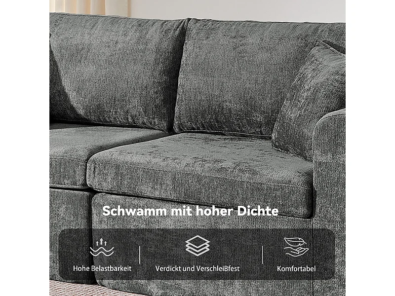 Divano 2 posti modulare in tessuto ciniglia, con portabicchieri e USB, 220x100x89cm, Grigio