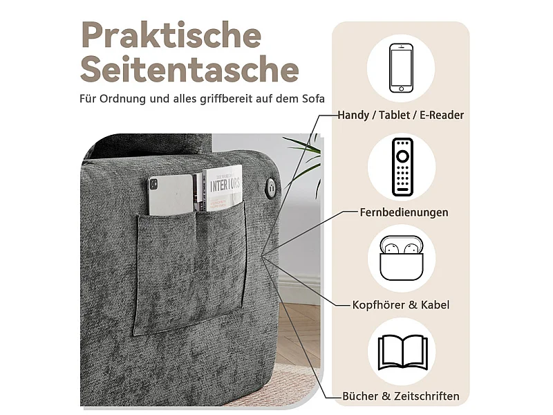 Divano 2 posti modulare in tessuto ciniglia, con portabicchieri e USB, 220x100x89cm, Grigio