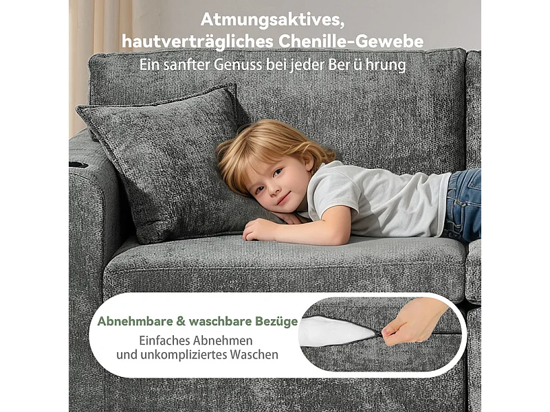 Divano 2 posti modulare in tessuto ciniglia, con portabicchieri e USB, 220x100x89cm, Grigio