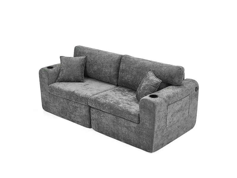 Sofá 2 plazas modular en tela chenilla, con portavasos y USB, 220x100x89cm, Gris