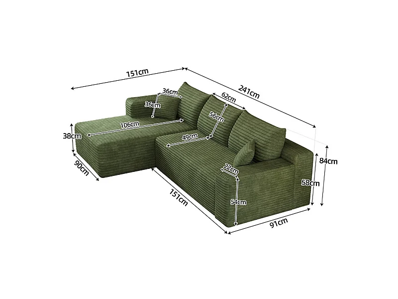 Canapé d'angle gauche 3 places en velours côtelé vert 241x151x84 cm