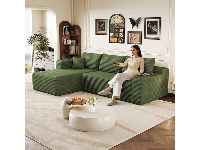 Canapé d'angle gauche 3 places en velours côtelé vert 241x151x84 cm
