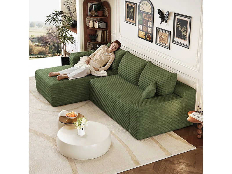 Canapé d'angle gauche 3 places en velours côtelé vert 241x151x84 cm