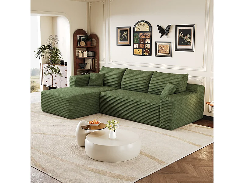 Canapé d'angle gauche 3 places en velours côtelé vert 241x151x84 cm