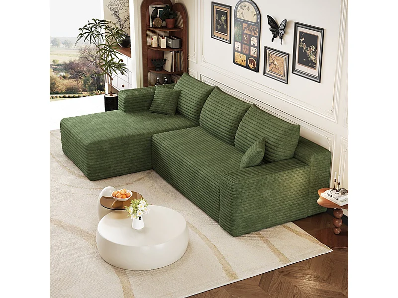 Canapé d'angle gauche 3 places en velours côtelé vert 241x151x84 cm