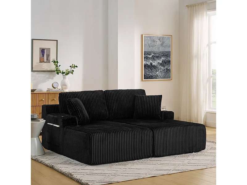 Chaise longue modulare 2 posti in velluto a coste, con portabicchieri, 186x154x78cm, Nero