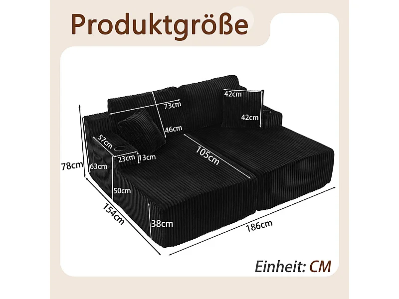 Chaise longue modulare 2 posti in velluto a coste, con portabicchieri, 186x154x78cm, Nero