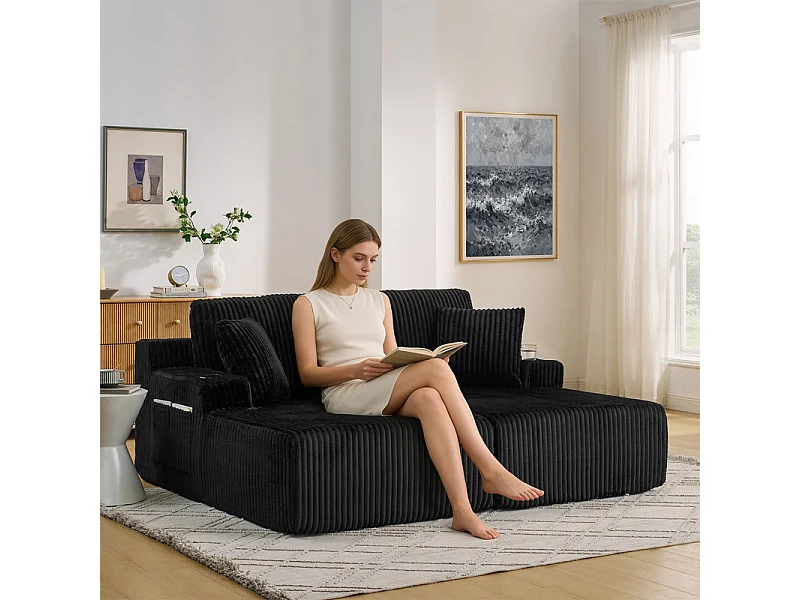 Chaise longue modulare 2 posti in velluto a coste, con portabicchieri, 186x154x78cm, Nero