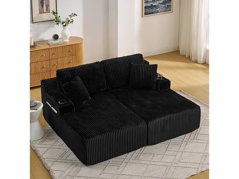 Chaise longue modulare 2 posti in velluto a coste, con portabicchieri, 186x154x78cm, Nero
