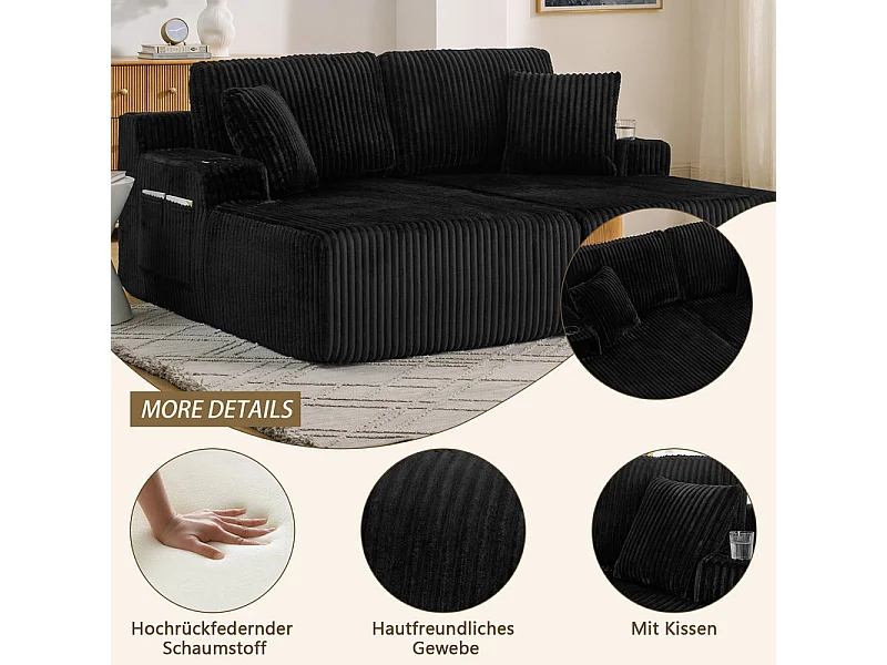 Chaise longue modulare 2 posti in velluto a coste, con portabicchieri, 186x154x78cm, Nero