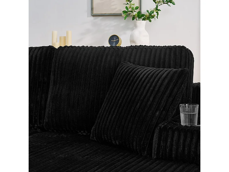Chaise longue modulare 2 posti in velluto a coste, con portabicchieri, 186x154x78cm, Nero